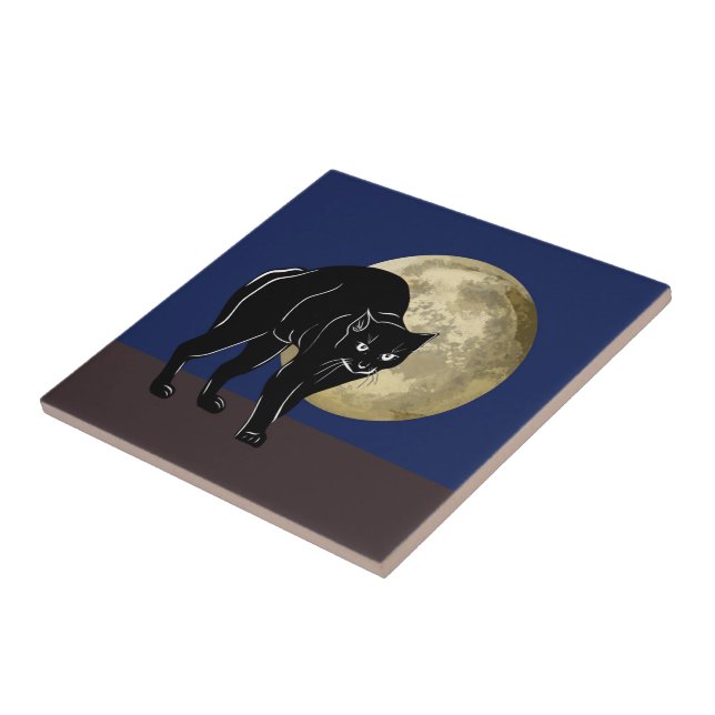 Halloween Prowling Black Cat On A Full Moon Night Tile (Side)