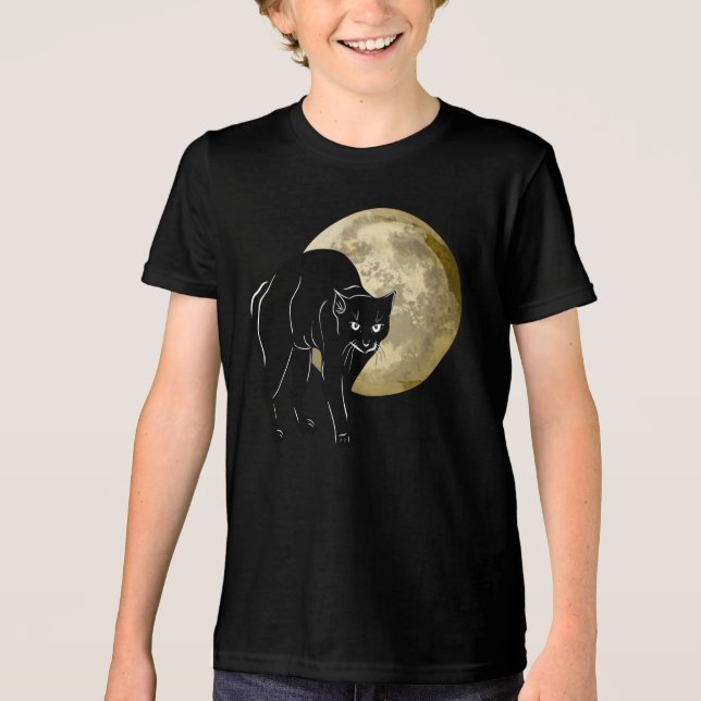 Halloween Prowling Black Cat On A Full Moon Night Tri-Blend Shirt (Front)