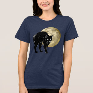 Halloween Prowling Black Cat On A Full Moon Night Tri-Blend Shirt