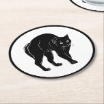 Halloween Prowling Black Cat Silhouette Drawing Round Paper Coaster<br><div class="desc">Coasters decorative tabletop protectors for beverage drinking cups and glassware etc. printed with a Halloween Prowling Black Cat Silhouette Drawing hand drawn graphic artwork drawing design illustration by TheFabricSeal print on demand shop at Zazzle.com #ZazzleMade ©️Original. https://www.zazzle.com/store/thefabricseal This Halloween classic looking vintage yet modern contemporary simple minimalist style art piece...</div>