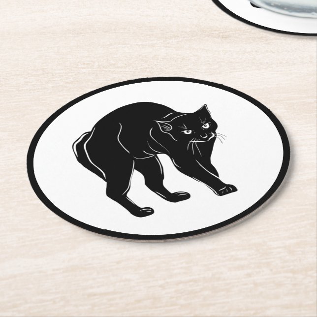 Halloween Prowling Black Cat Silhouette Drawing Round Paper Coaster (Angled)