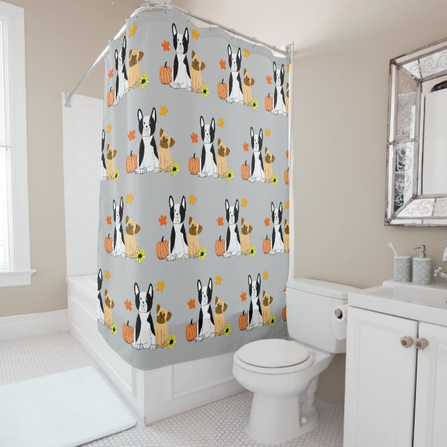 Halloween pug and boston terrier shower curtain (In Situ)