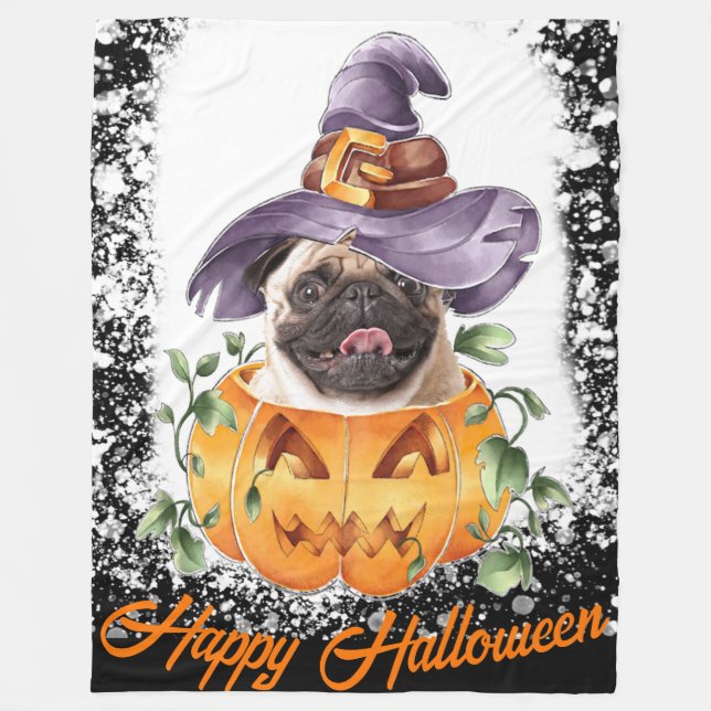 Halloween Pug in Jackolantern Happy Halloween  Fleece Blanket (Front)