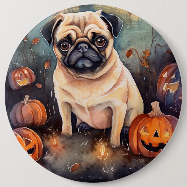Halloween Pug With Pumpkins Scary  6 Cm Round Badge (Front)