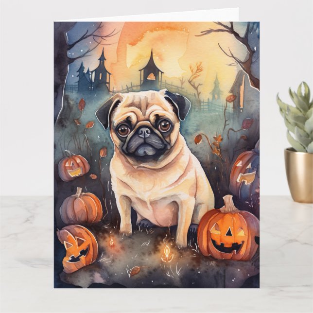 Halloween Pug With Pumpkins Scary Card (Small Plant)
