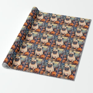 Halloween Pug With Pumpkins Scary Wrapping Paper