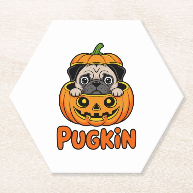 Halloween Pugkin, Pumpkin Pug Dog Paper Coaster (Front)