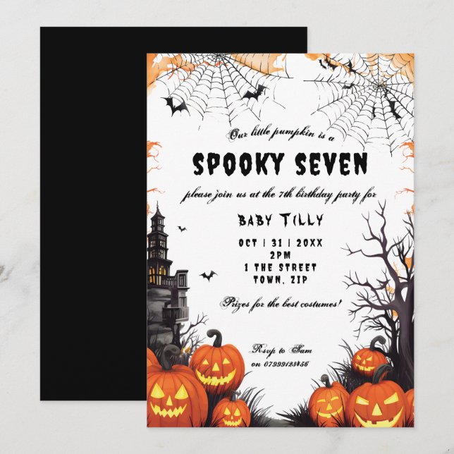 Halloween pumpkin 7th birthday party invitation (Front/Back)