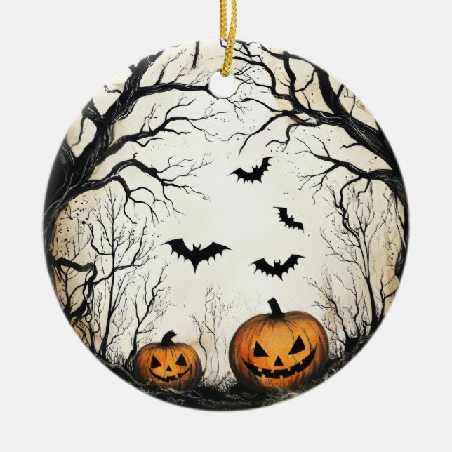 Halloween Pumpkin and Bat  Ceramic Tree Decoration (Front)