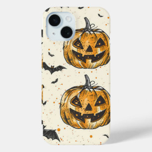 Halloween Pumpkin and Bats Pattern Vintage Fall iPhone 15 Case