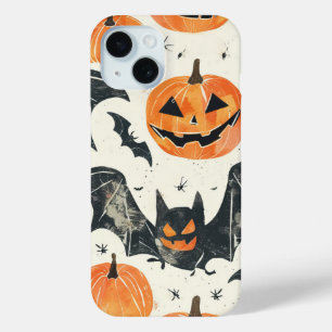 Halloween Pumpkin and Bats Pattern Vintage Fall iPhone 15 Case