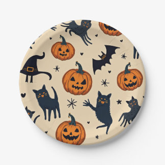 Halloween Pumpkin and Cat Pattern Paper Plate