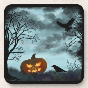 Halloween pumpkin and raven coaster