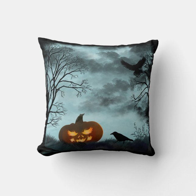 Halloween pumpkin and raven cushion (Front)