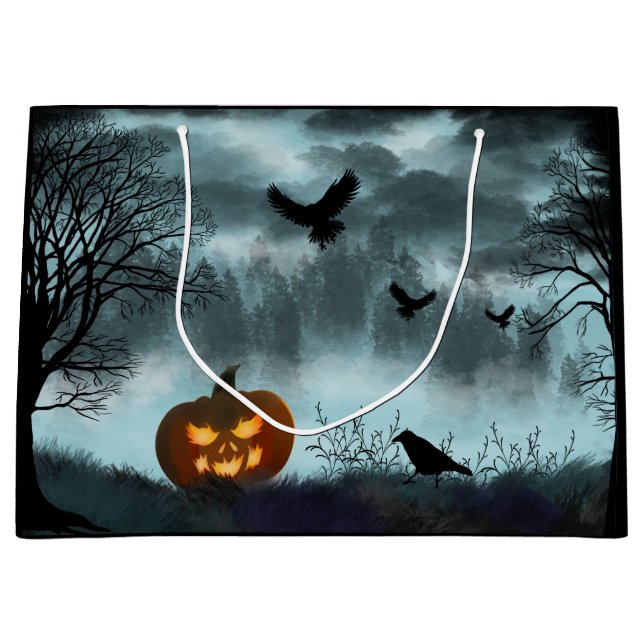 Halloween pumpkin and raven large gift bag (Front)