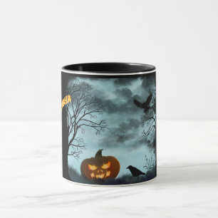 Halloween pumpkin and raven mug