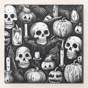 Halloween pumpkin and skull ink pattern glass coaster