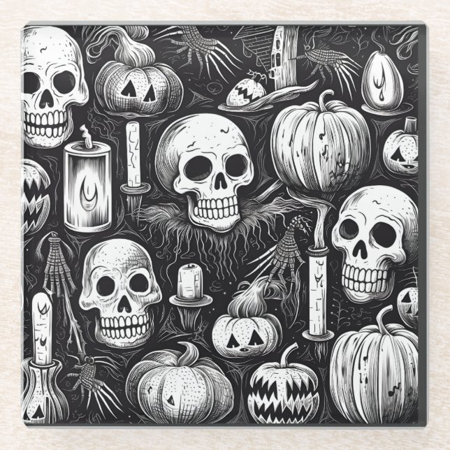 Halloween pumpkin and skull ink pattern glass coaster (Front)