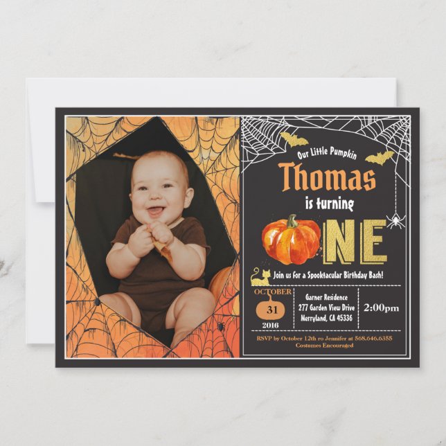Halloween pumpkin baby boy 1st birthday photo invitation (Front)