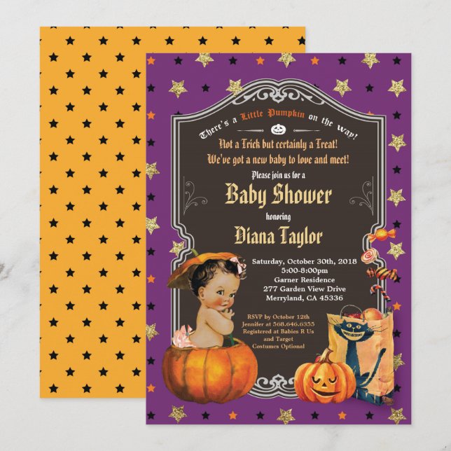 Halloween pumpkin baby girl shower purple gold invitation (Front/Back)