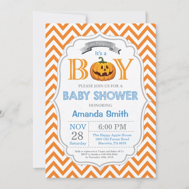 Halloween Pumpkin Baby Shower Invitation Boy (Front)