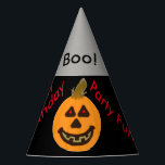 Halloween Pumpkin Balloons Boo Birthday Hats<br><div class="desc">Halloween Birthday custom Party Hats. Black and silver two-tone party hats with the wording, Boo, Ghostly Fun, Scary Fun, Happy Birthday Party Fun written in black and red text all around hats. Smiling pumpkin and colourful balloons in red, orange, yellow, blue, green for a special Halloween Birthday or 1st Birthday,...</div>