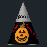 Halloween Pumpkin Balloons Boo Birthday Hats<br><div class="desc">Halloween Birthday custom Party Hats. Black and silver two-tone party hats with the wording, Boo, Ghostly Fun, Scary Fun, Happy Birthday Party Fun written in black and red text all around hats. Smiling pumpkin and colourful balloons in red, orange, yellow, blue, green for a special Halloween Birthday or 1st Birthday,...</div>