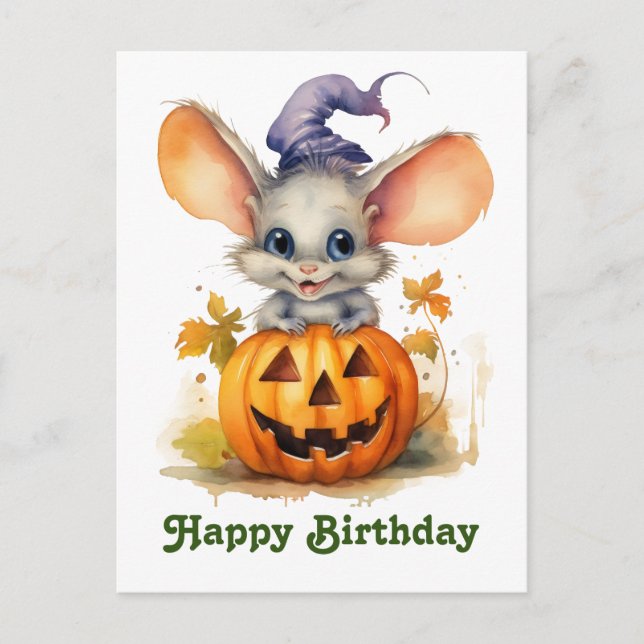 Halloween pumpkin birthday mouse postcard (Front)