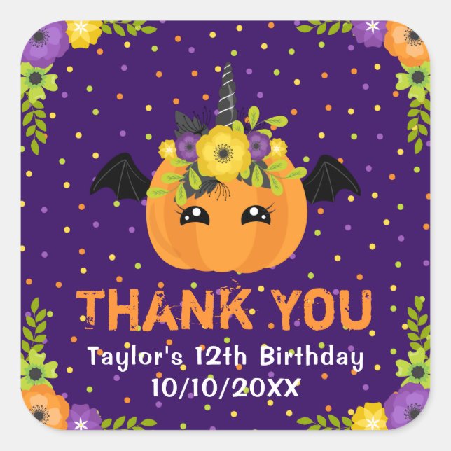Halloween Pumpkin Birthday Purple Thank You Square Sticker (Front)