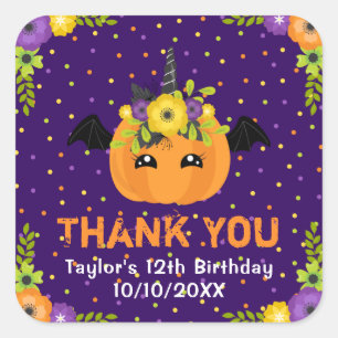 Halloween Pumpkin Birthday Purple Thank You Square Sticker