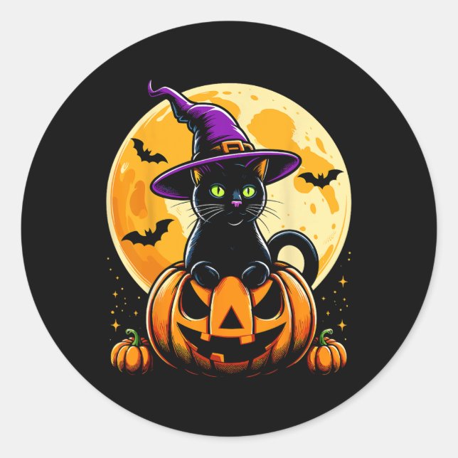 Halloween Pumpkin Black Cat  Classic Round Sticker (Front)