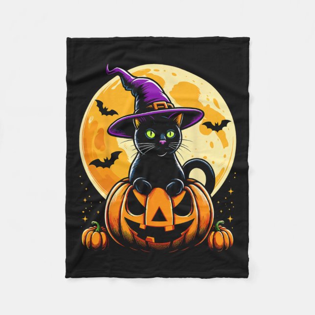 Halloween Pumpkin Black Cat  Fleece Blanket (Front)