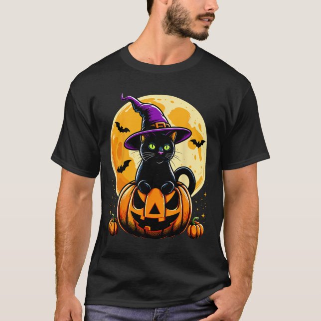 Halloween Pumpkin Black Cat  T-Shirt (Front)