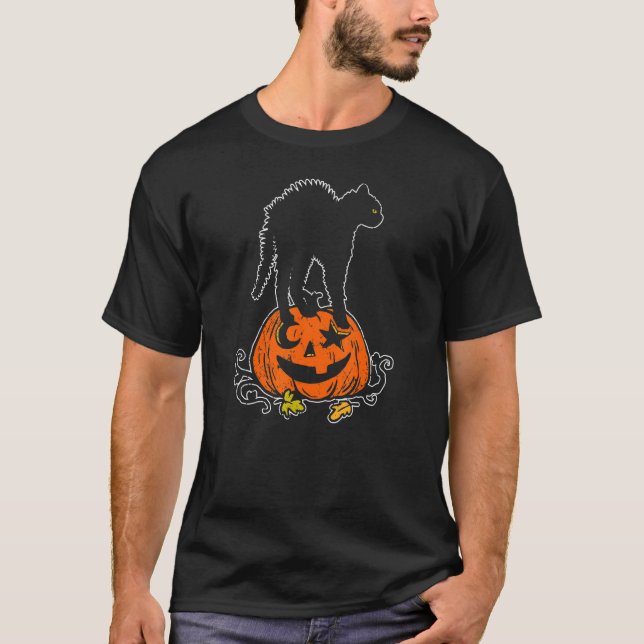 Halloween Pumpkin Black Cat Trick Or Treat T-Shirt (Front)
