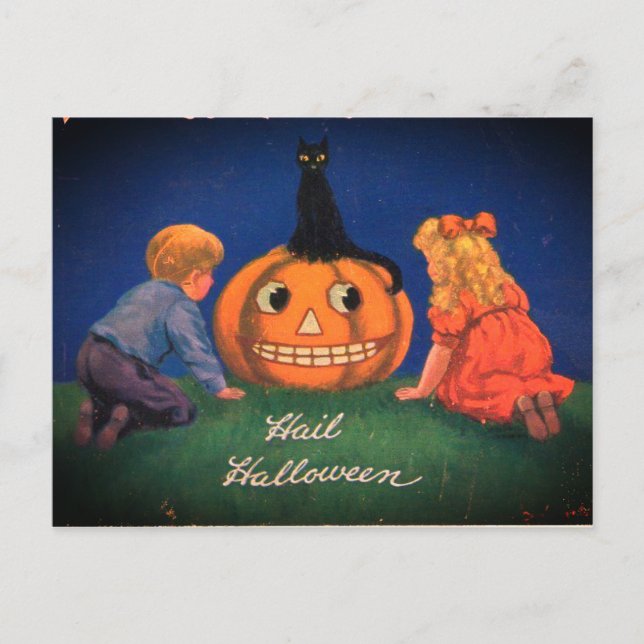 Halloween Pumpkin & Black Cat Vintage Holiday Postcard (Front)