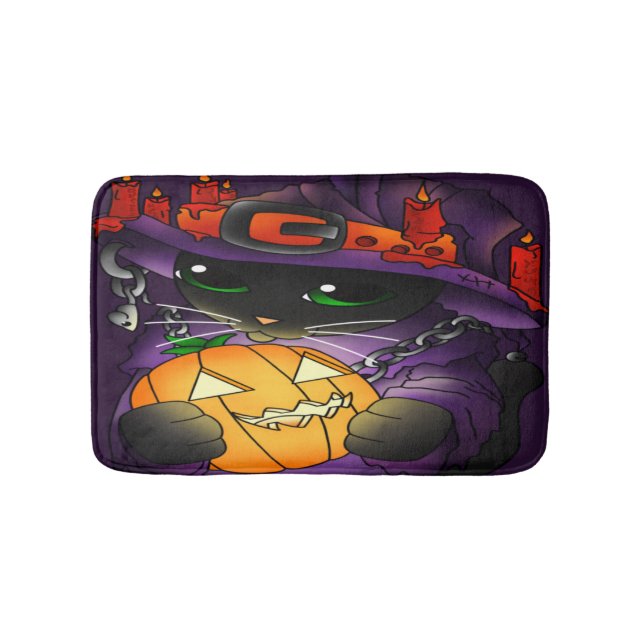 Halloween Pumpkin Black Witch Cat Bath Mat (Front)