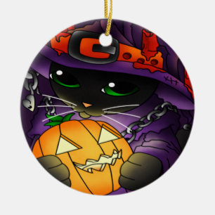 Halloween Pumpkin Black Witch Cat Ceramic Tree Decoration