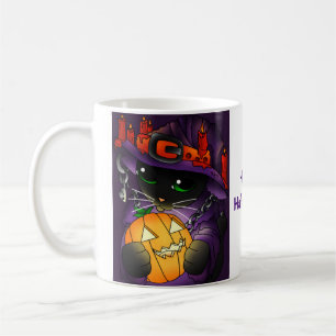 Halloween Pumpkin Black Witch Cat Coffee Mug