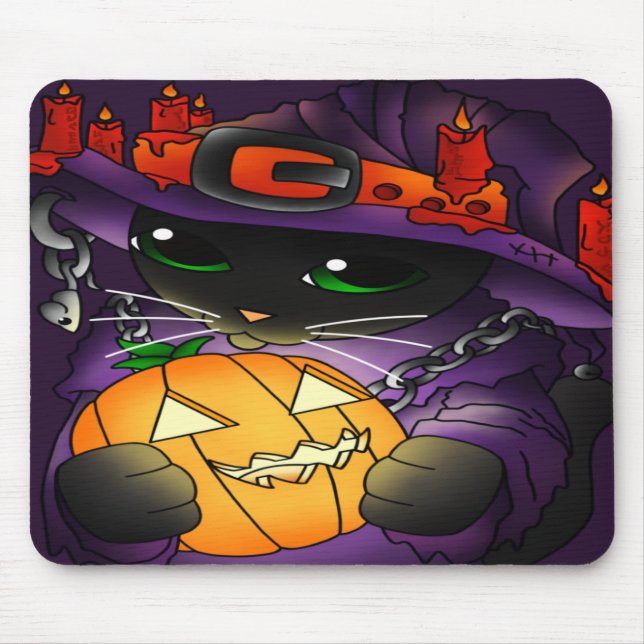 Halloween Pumpkin Black Witch Cat Mouse Pad (Front)