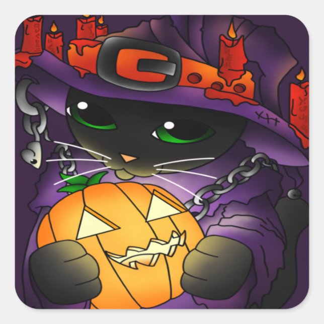 Halloween Pumpkin Black Witch Cat Square Sticker (Front)