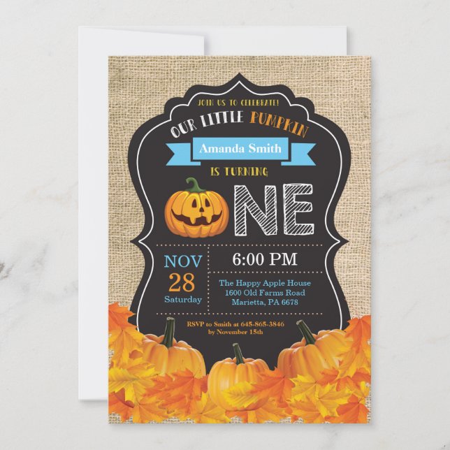 Halloween Pumpkin Boy 1st Birthday Blue Burlap Invitation (Front)