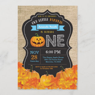 Halloween Pumpkin Boy 1st Birthday Blue Burlap Invitation