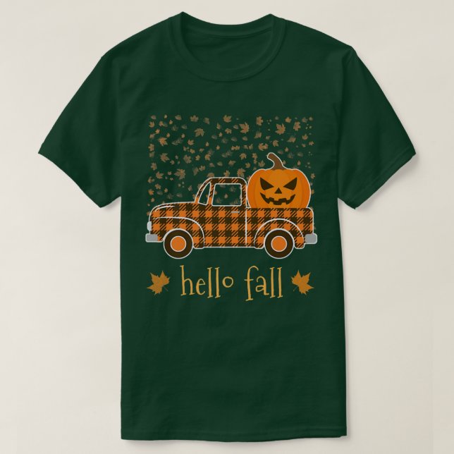 Halloween Pumpkin Buffalo Plaid Truck Hello Tree F T-Shirt (Design Front)