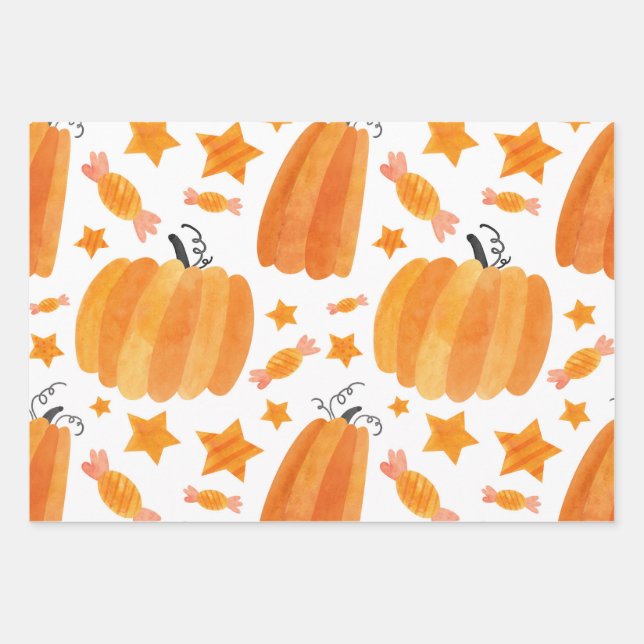 Halloween Pumpkin & Candies Trick Or Treat Pattern Wrapping Paper Sheet (Front)