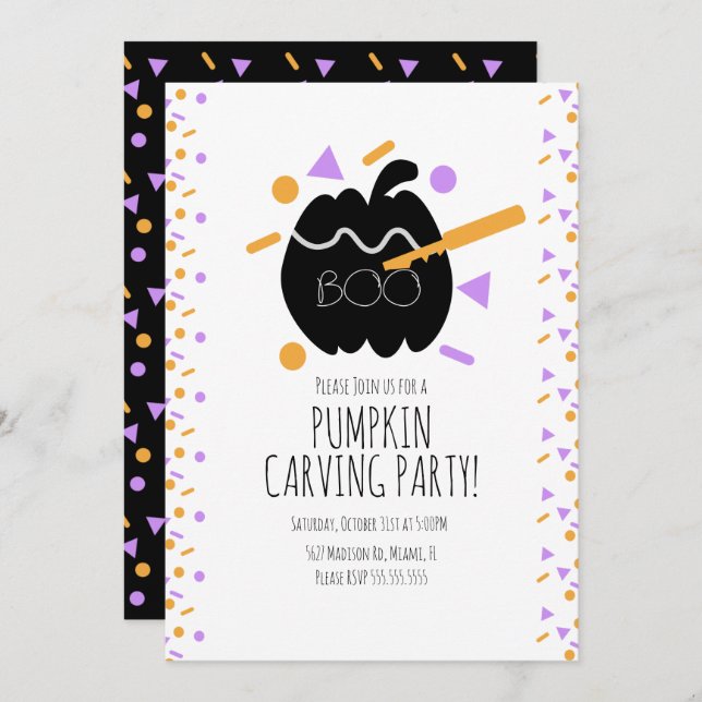 Halloween Pumpkin Carving Black Pumpkin Confetti Invitation (Front/Back)