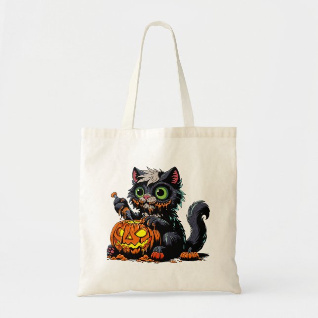 Halloween Pumpkin Carving Cat Tote Bag (Front)