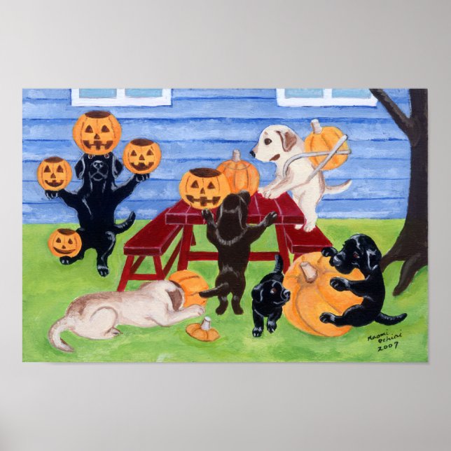 Halloween Pumpkin Carving Labradors Artwork Poster (Front)