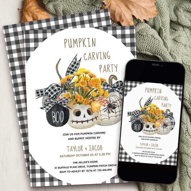 Halloween Pumpkin Carving Party Farmhouse Pumpkins Invitation (Halloween Pumpkin Carving Party Invitation with stylish farmhouse plaid and fall flowers)