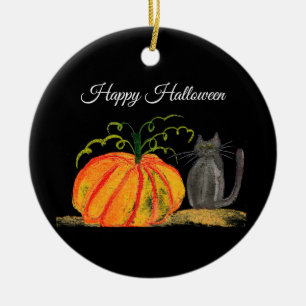 Halloween Pumpkin Cat Cute Orange  Ceramic Tree Decoration