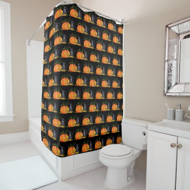 Halloween Pumpkin Cat Cute Pattern Orange Fall Shower Curtain (In Situ)